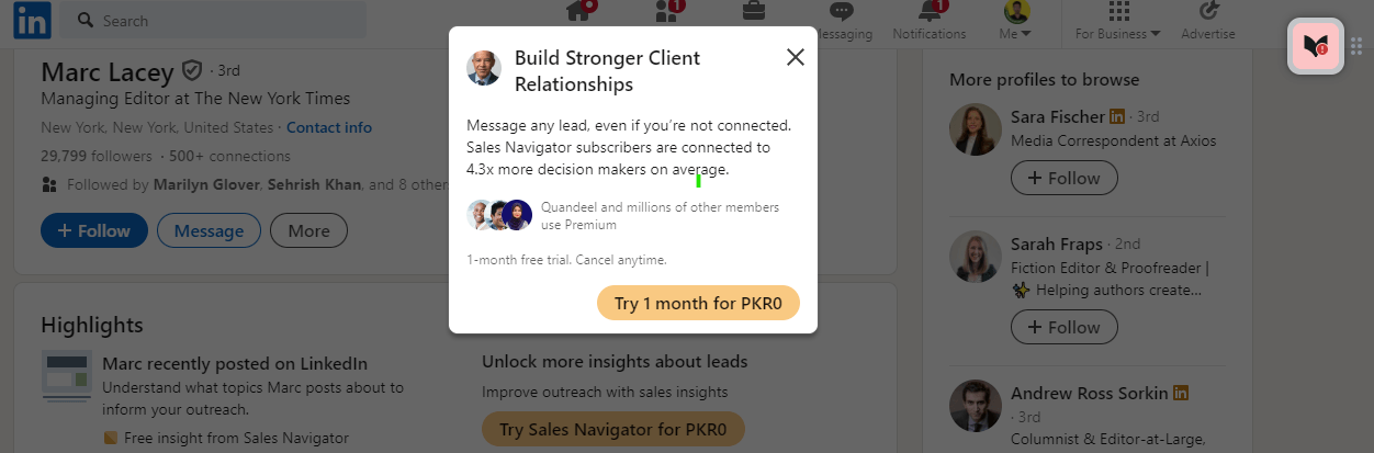 Snapshot of a pop-up for sponsored mail on LinkedIn