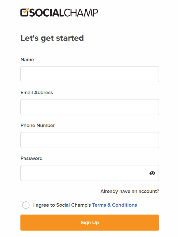 Social Champ sign up page