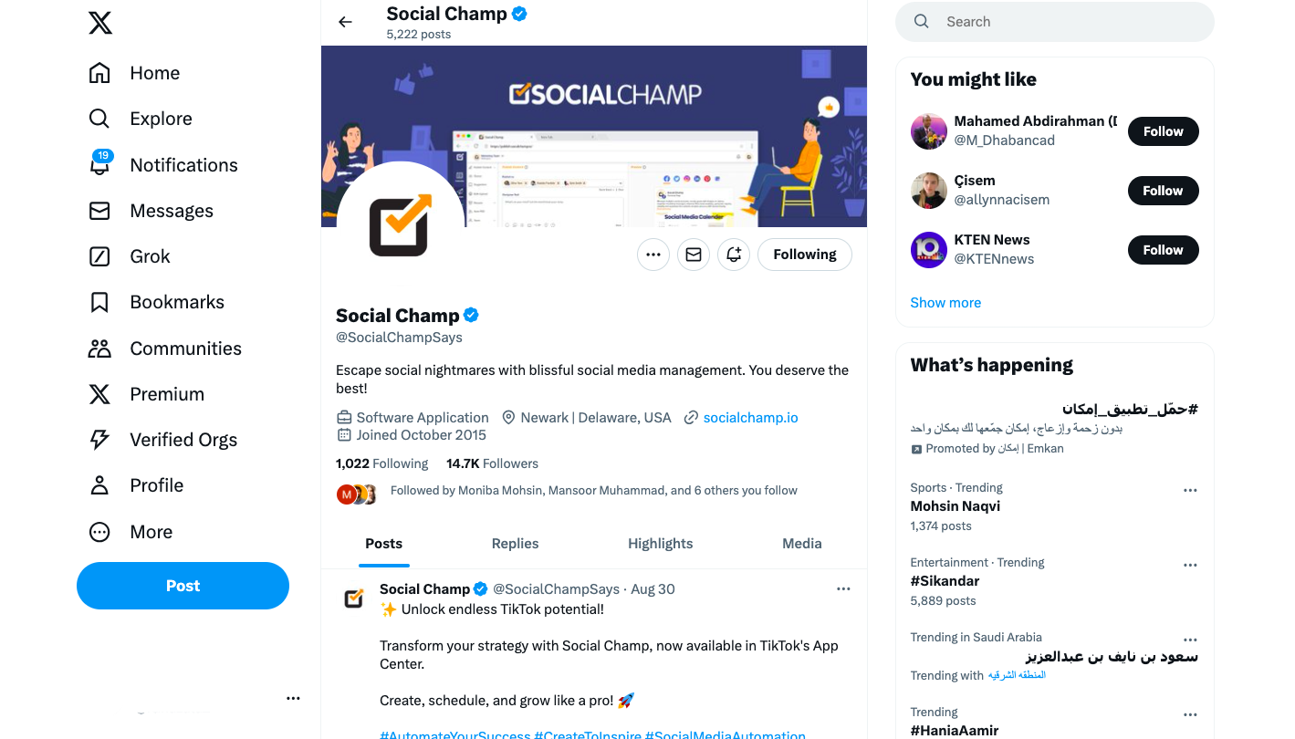 Social Champ's verified Twitter profile to share updates and connect with users