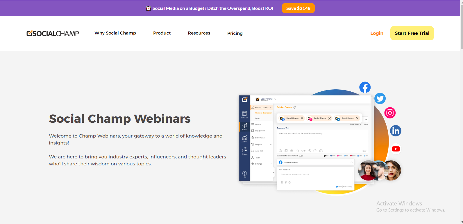 Social Champ's webpage showcasing its Webinars