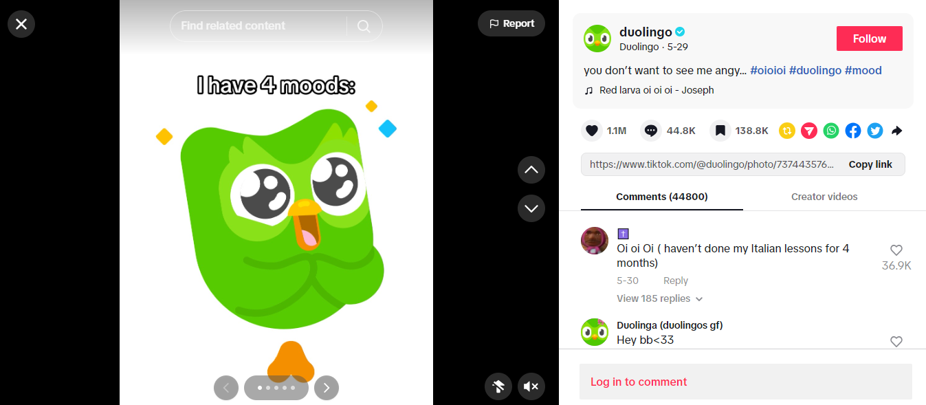 Social media marketing on TikTok by Duolingo