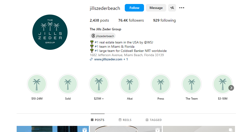 The Instagram page of The Jills Zeder Group, a real estate firm