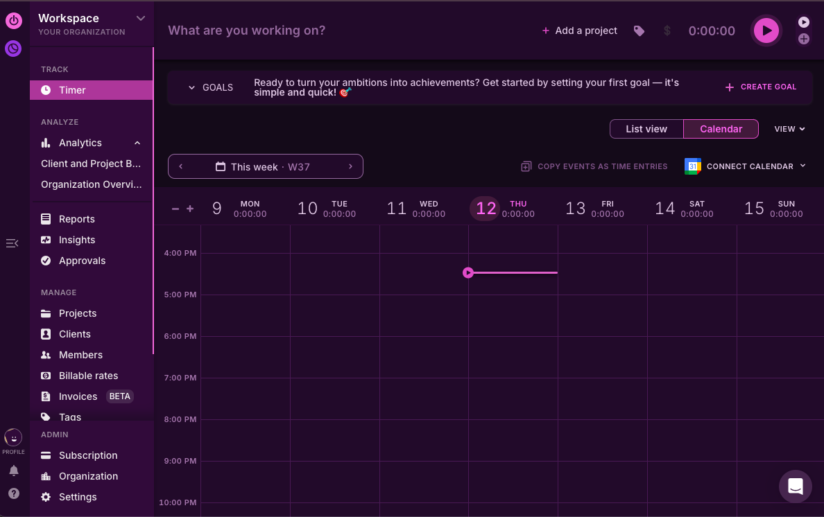 Toggl’s Dashboard