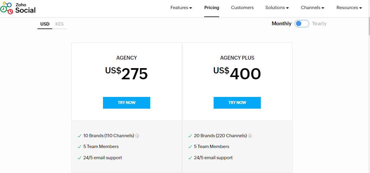 Zoho Social Agency Plan and Agency Plus plan pricing