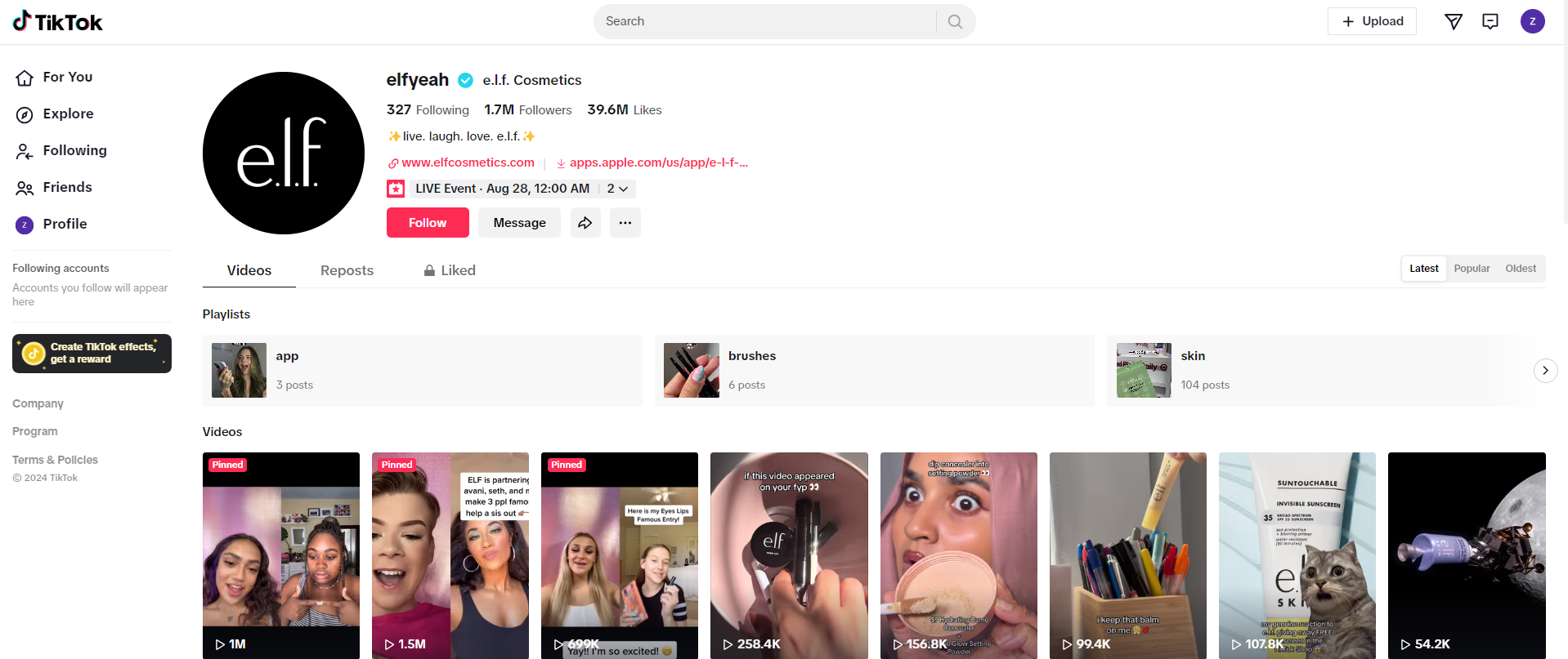 e.l.f Cosmetics' page on TikTok