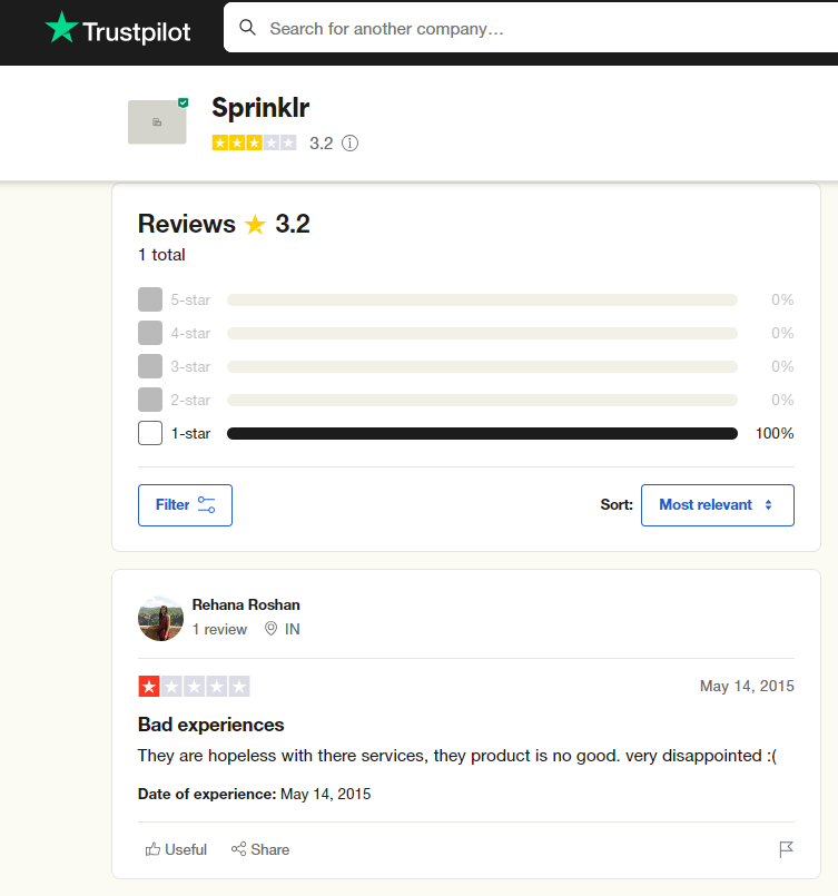 A review of Sprinklr on Trustpilot