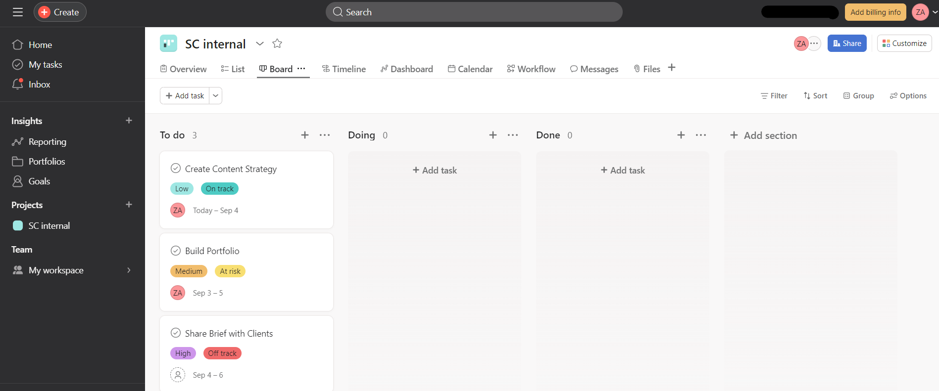 Asana's dashboard