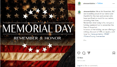 A memorial day post by Air Essentials Inc, an HVAC company