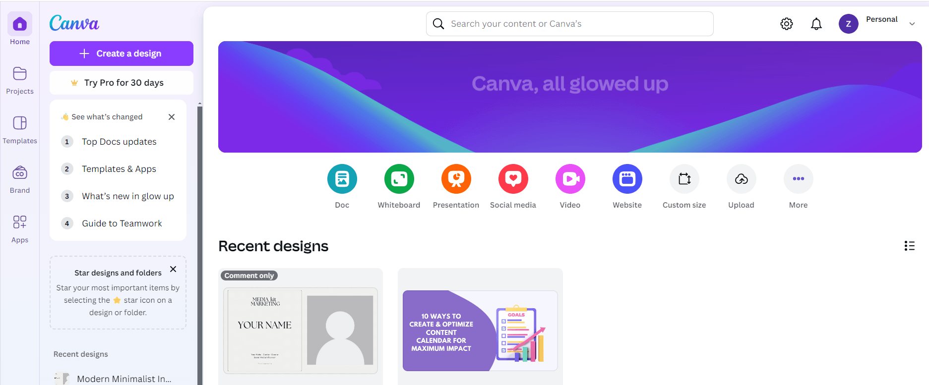 Canva's dashboard