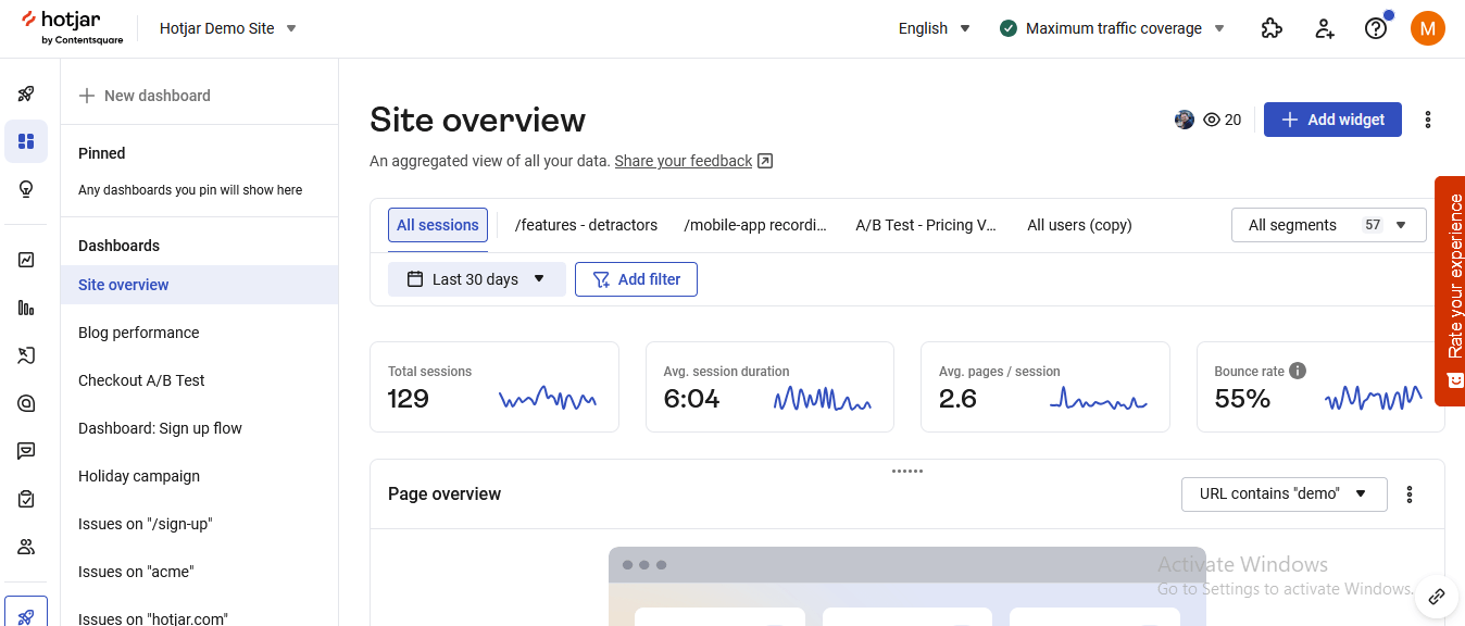 Hotjar's dashboard