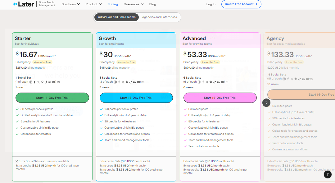 Later’s Pricing Plans