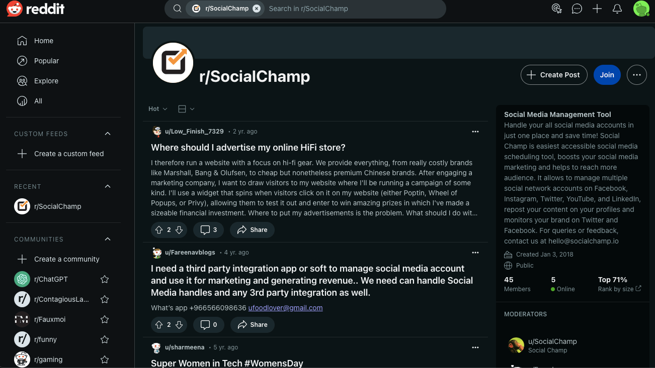 Search For Social Champ on Reddit