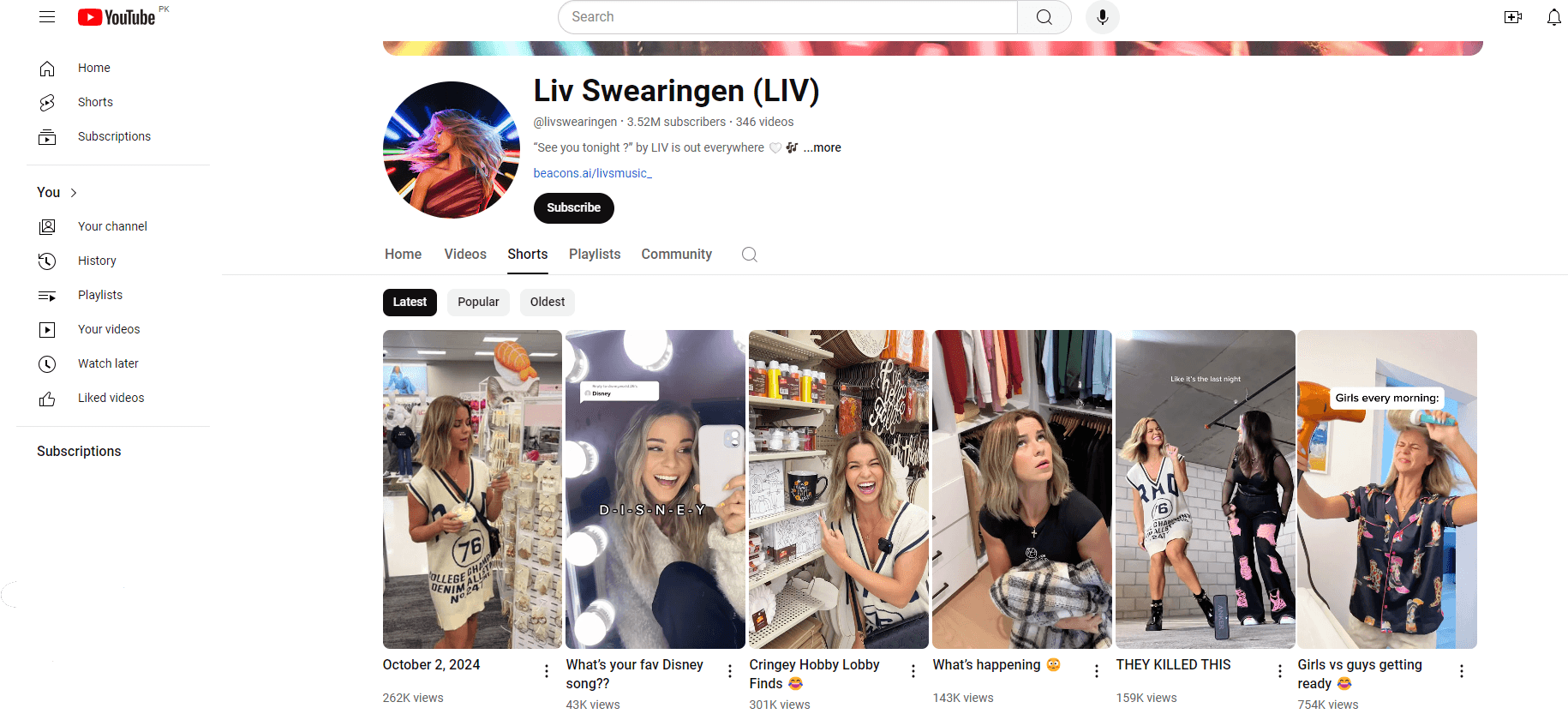 Snapshot of Liv Swearingen on YouTube showcasing her activeness on Shorts