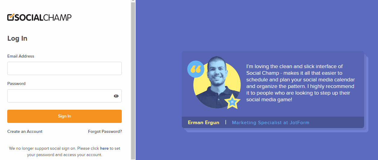 Social Champ login page