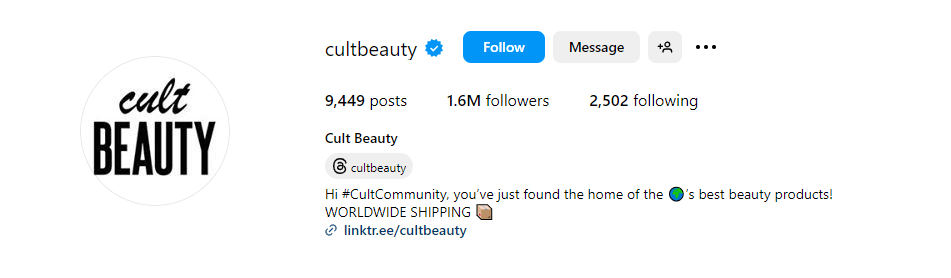 An Example of Instagram Bio by Cult Beauty