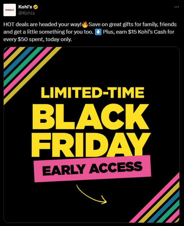 Black Friday Exclusive Discount Post on X by Kohl's