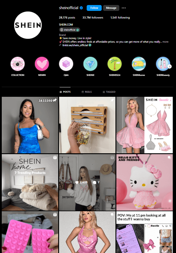A snapshot showing Consistent Posting of Shein on Instagram 