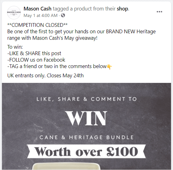 Snapshot of a giveaway post by Mason Cash