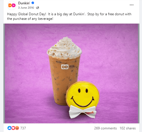 Snapshot of a high-quality Facebook post by Dunkin