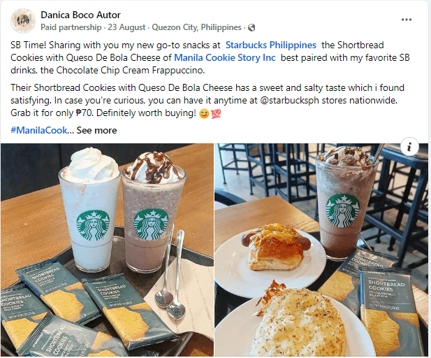 Example of UGC post on Facebook by Danica Boco Autor for Starbucks