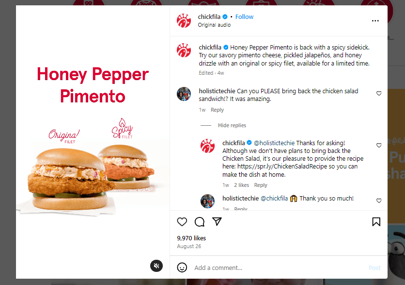 Snapshot of chickfila responding to comments on their Instagram post