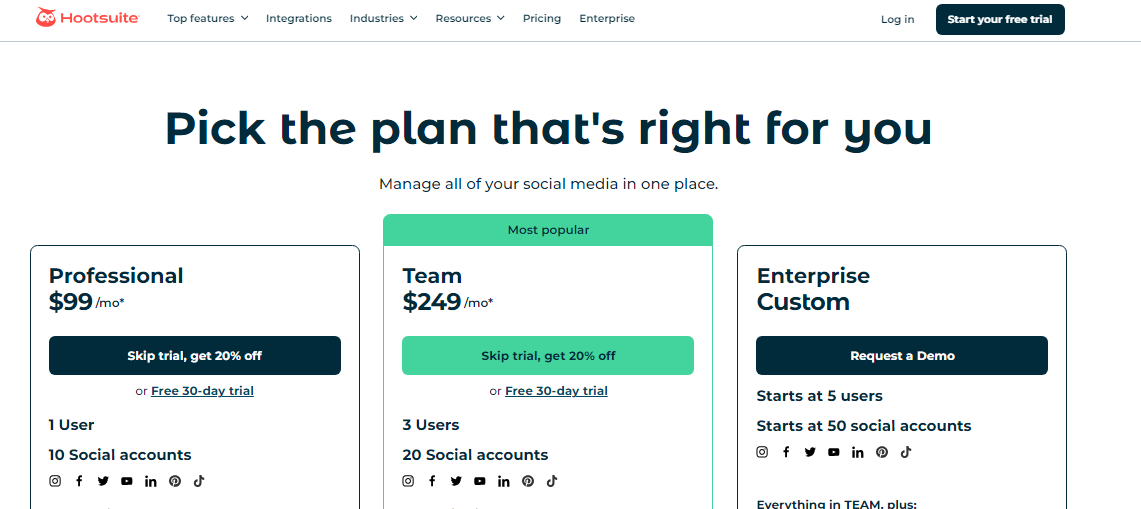 Hotsuite’s Pricing Plans