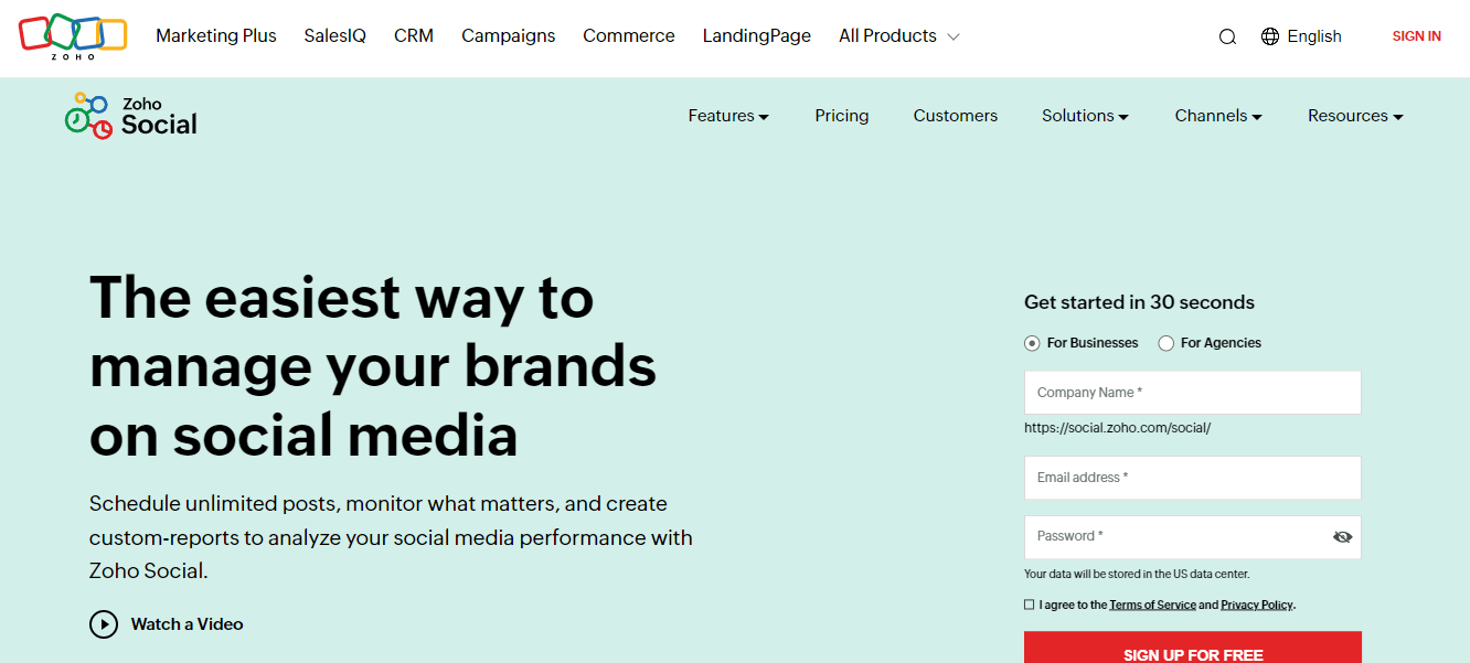 Zoho Social's Landing Page