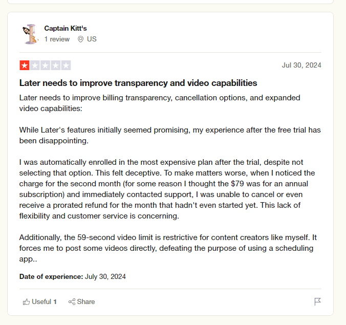 Later's review on Trustpilot