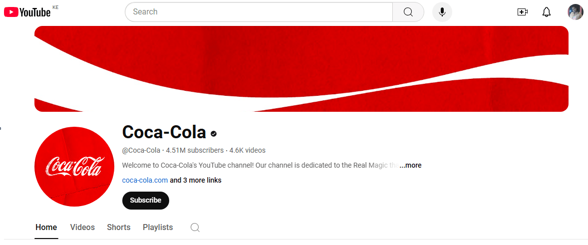 Coca Cola's YouTube Page