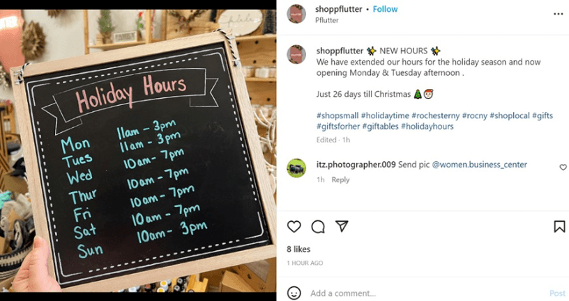 An Instagram Post by @shoppflutter Announcing their Holiday Hours for Christmas