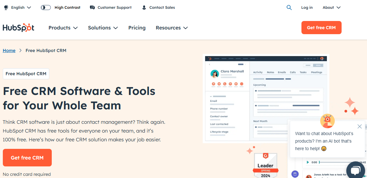 HubSpot CRM’s Webpage