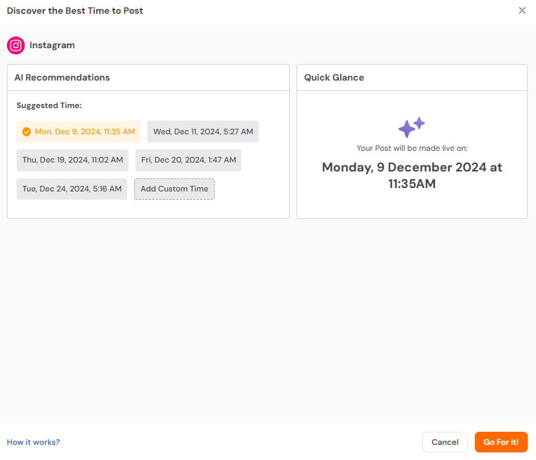 Social Champ's AI Recommendations on Best Time to Post on Instagram