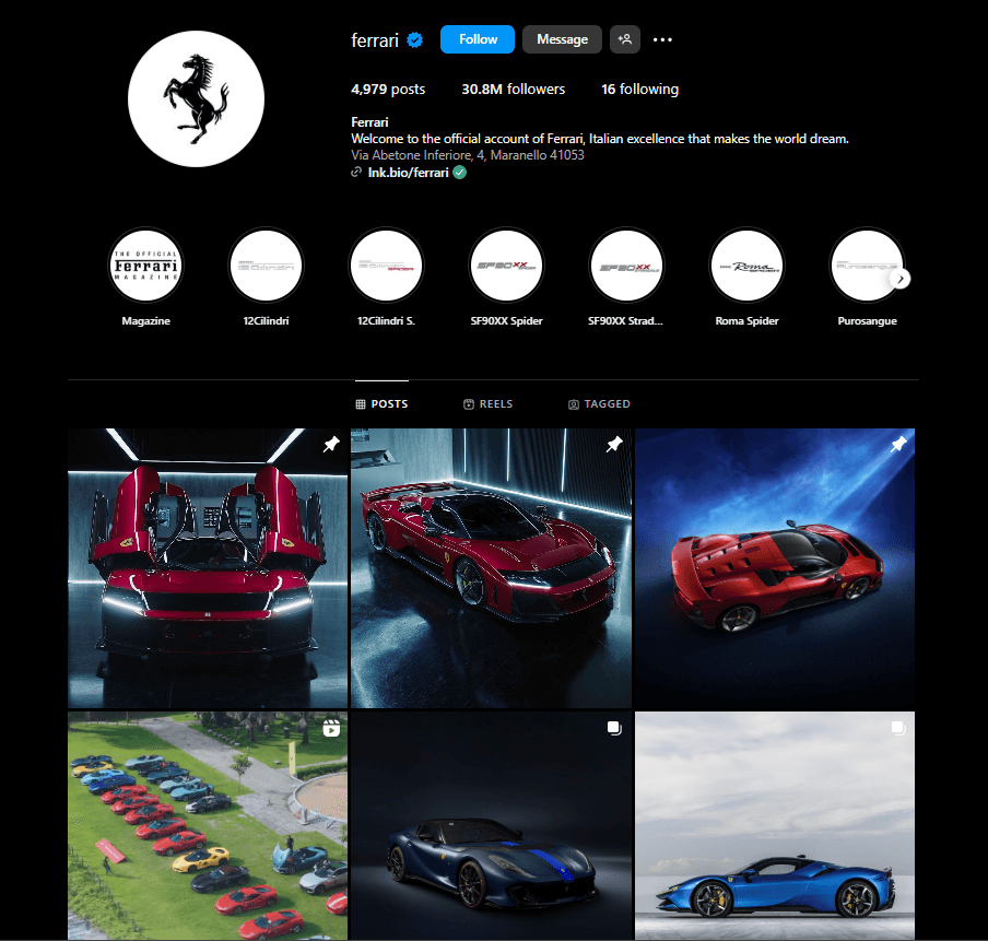 A Screenshot of @Ferrari’s Instagram Feed Highlighting Engaging Content