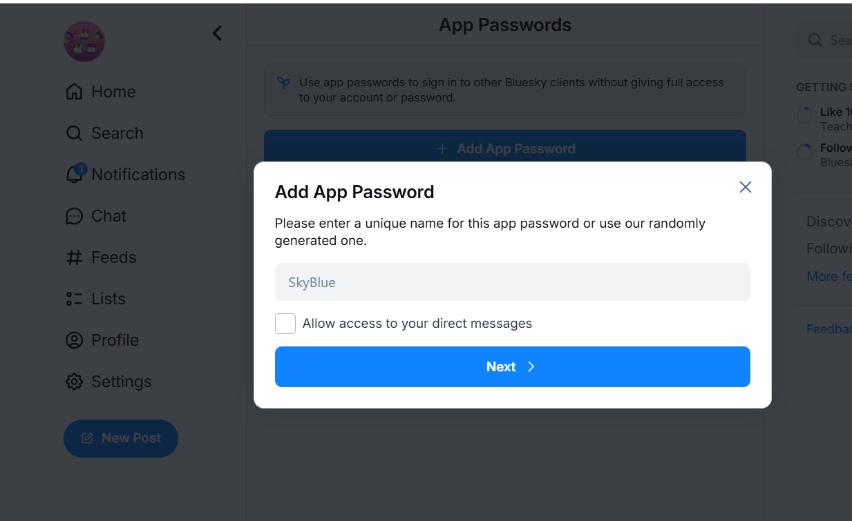 Add Bluesky Handle and App Password