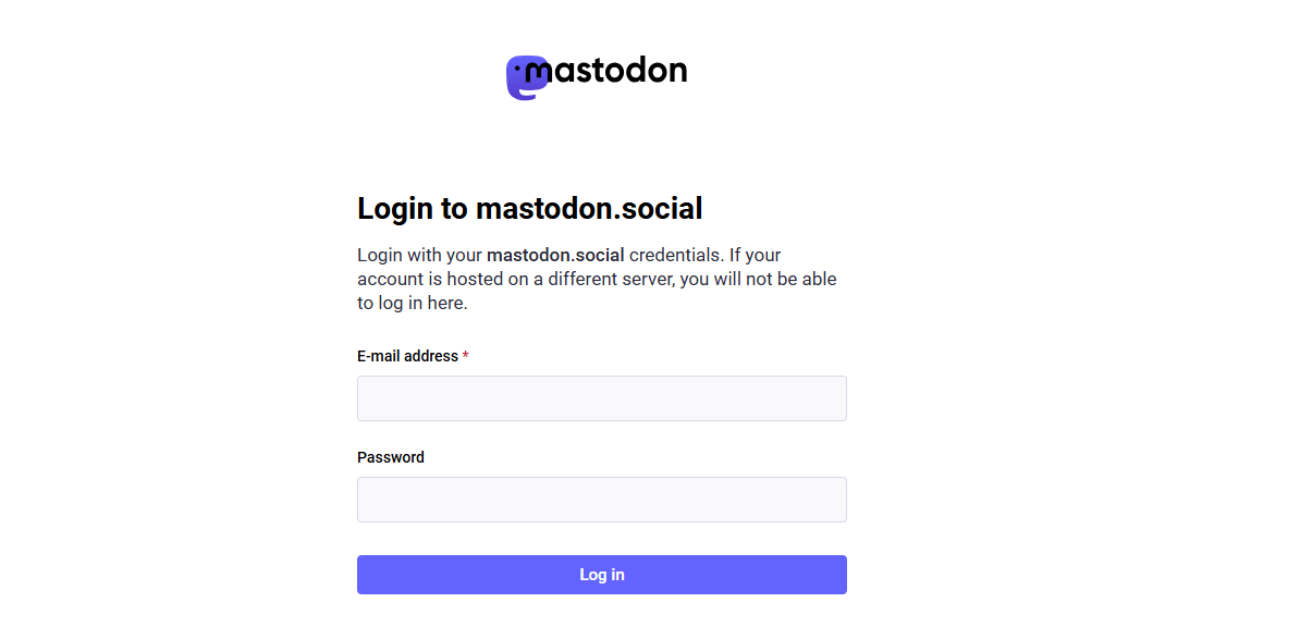 A screenshot of the Mastodon login page, highlighting the platform's focus on decentralized social networking.