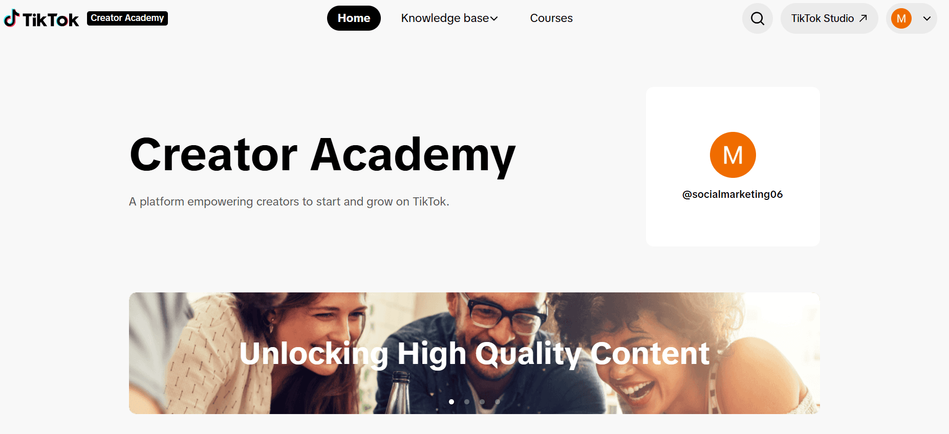 TikTok Creator Academy's Landing Page