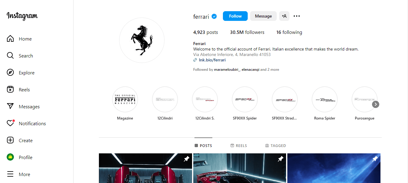 A Screenshot of @Ferrari, Showing a Well-Optimized Instagram Profile