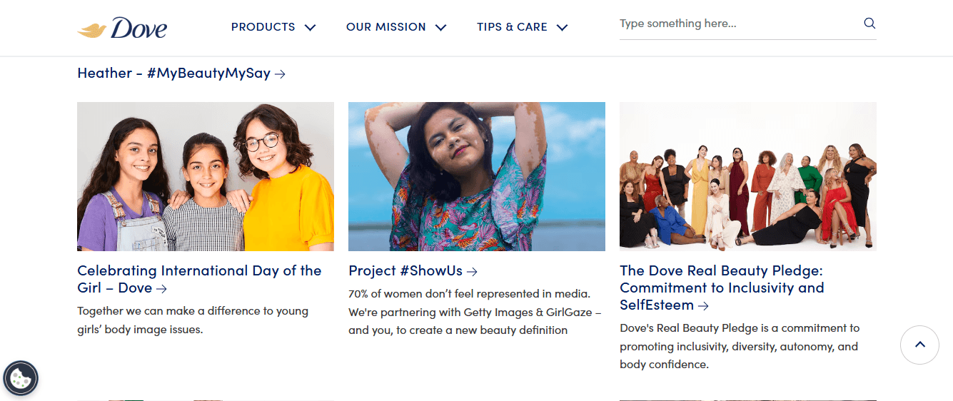 Dove's Webpage showcasing #MyBeautyMySay campaign