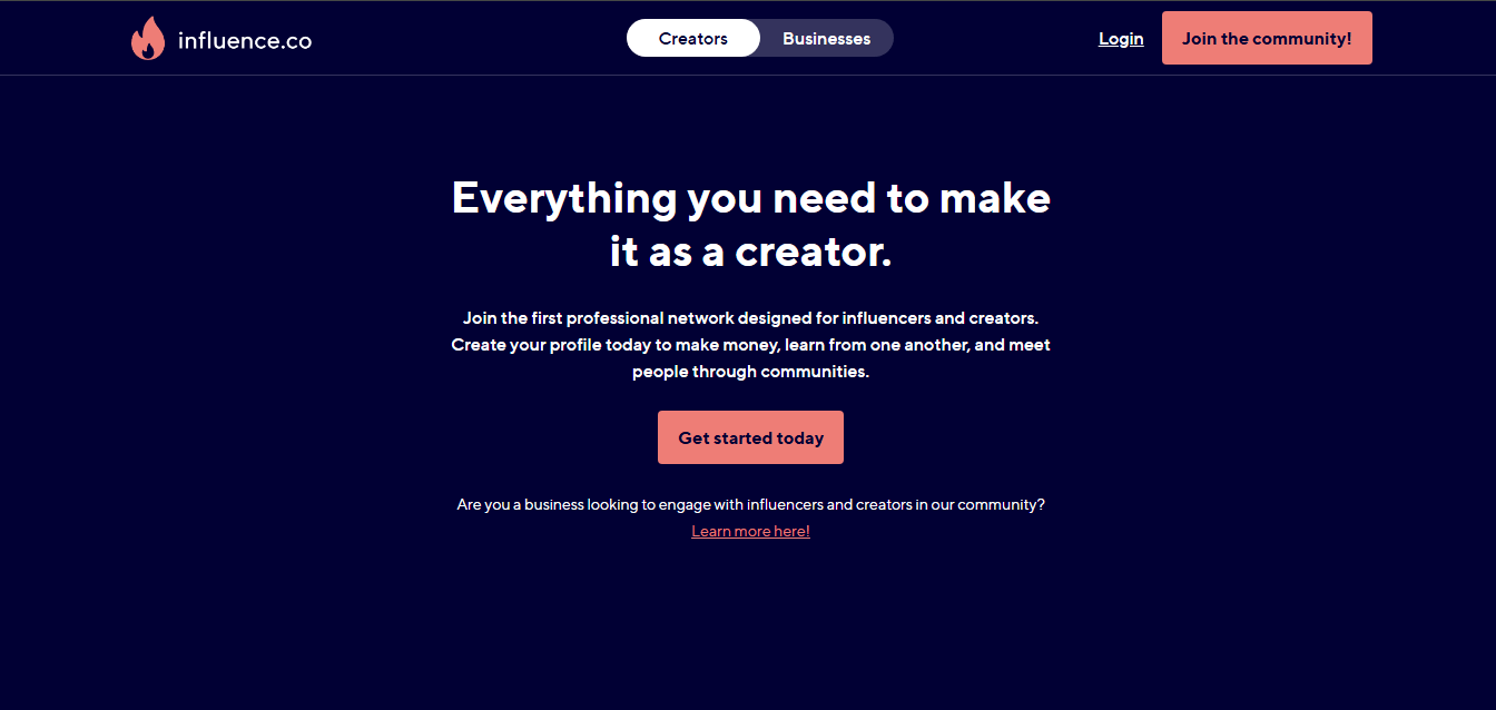 Influence.co's Landing Page