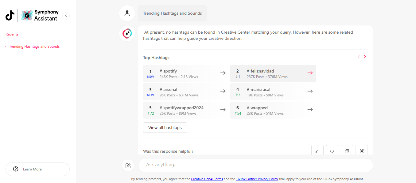 A Screenshot of the TikTok Symphony Assistant Interface, Displaying a List of Trending Hashtags and Sounds