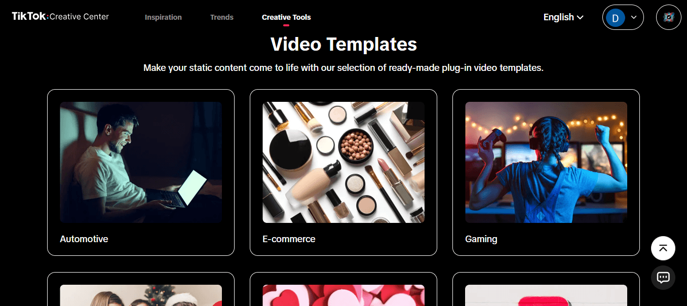 A Screenshot of the TikTok Creative Center Showcasing a Selection of Customizable Video Templates for Various Industries