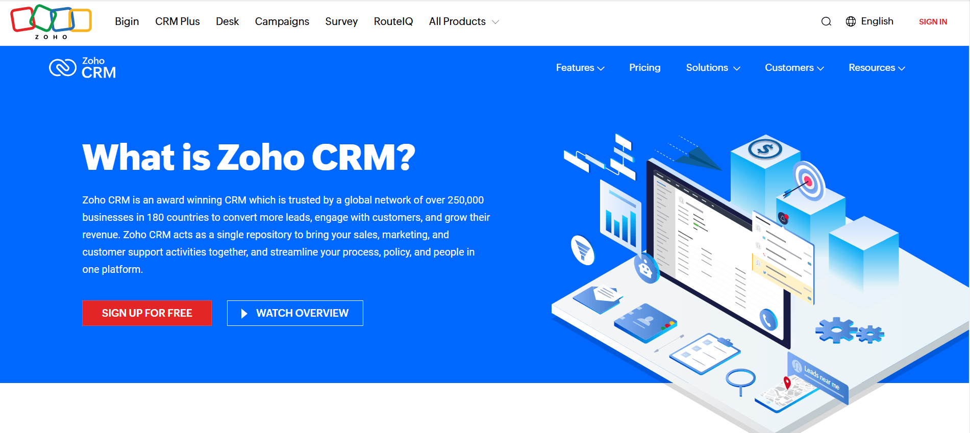 Zoho CRM's Landing Page