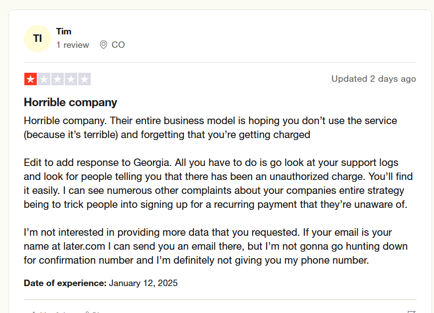 A Review of Later’s Customer Service on Trustpilot