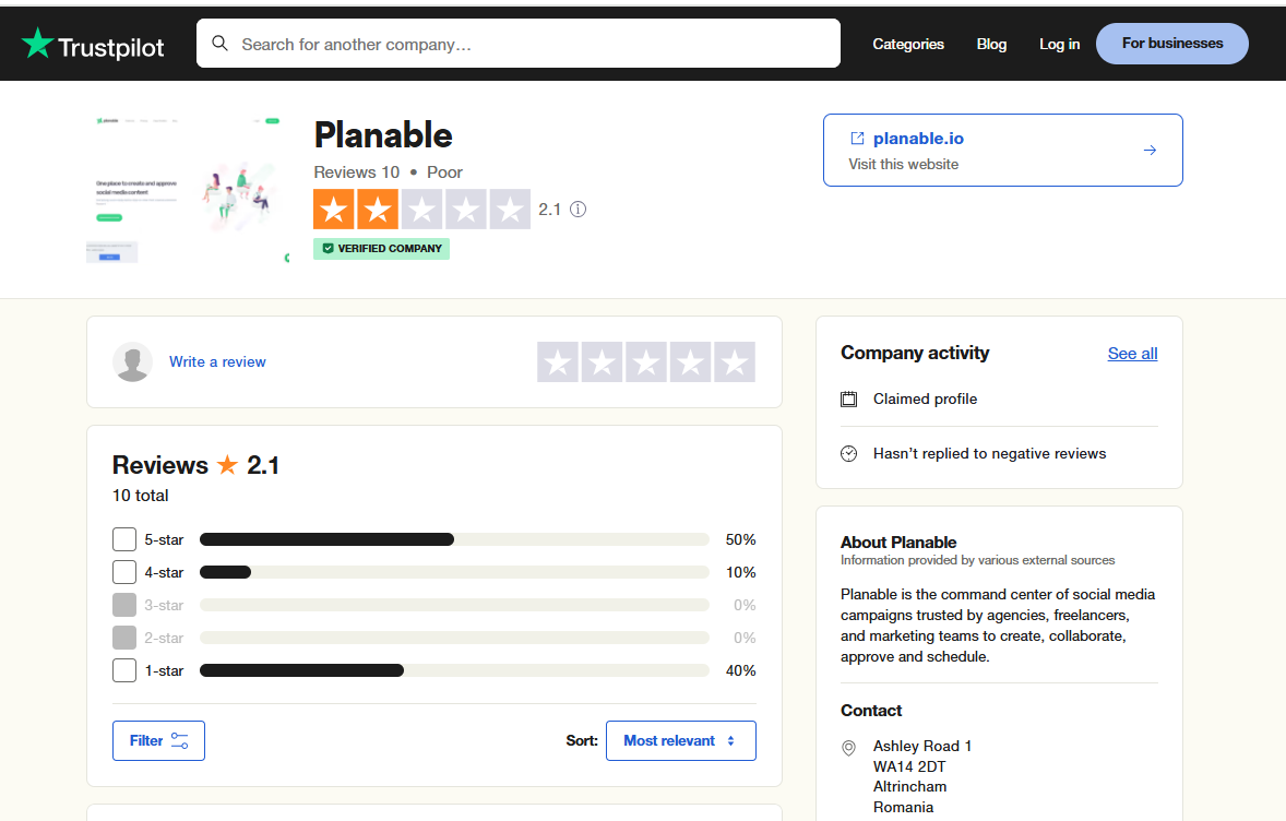 Planable’s Rating on Trustpilot